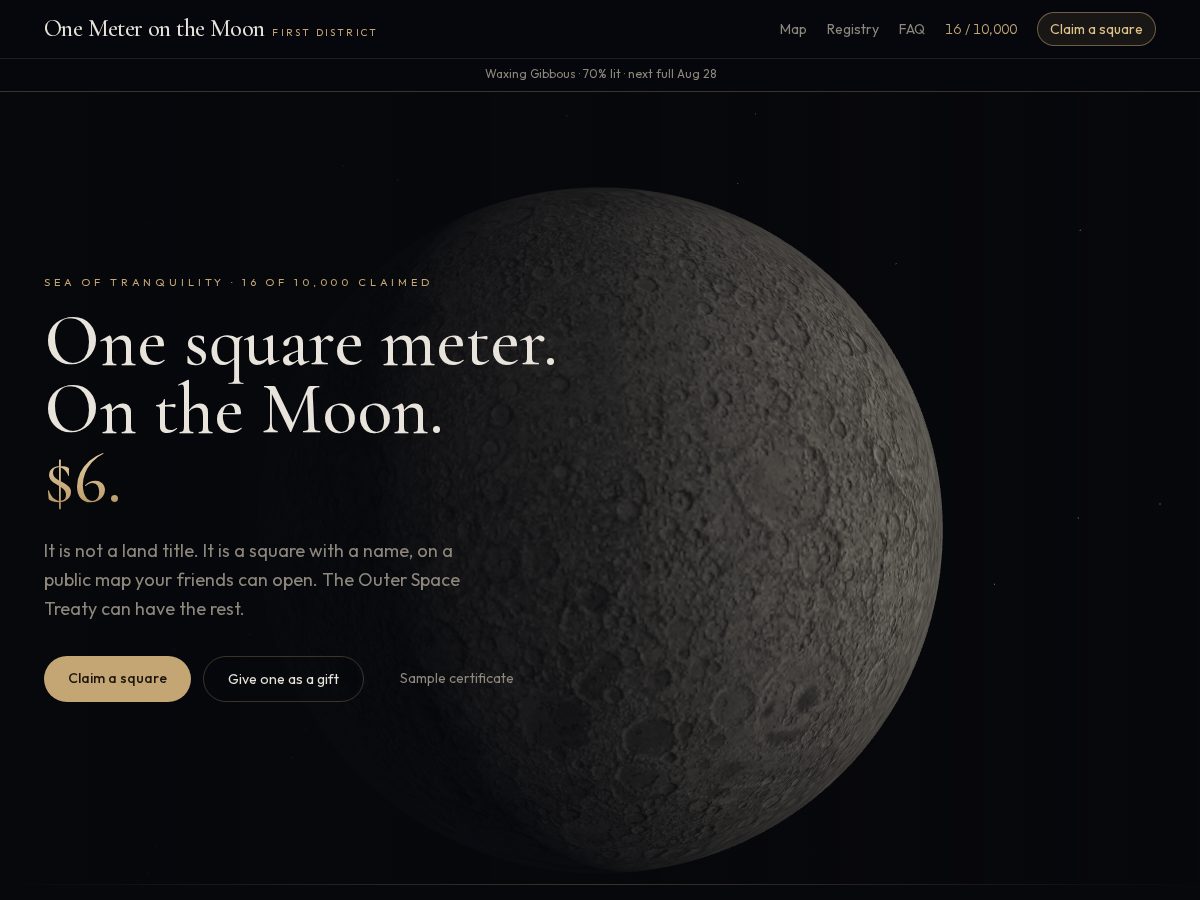 Landing-page snapshot of onemeteronthemoon.com