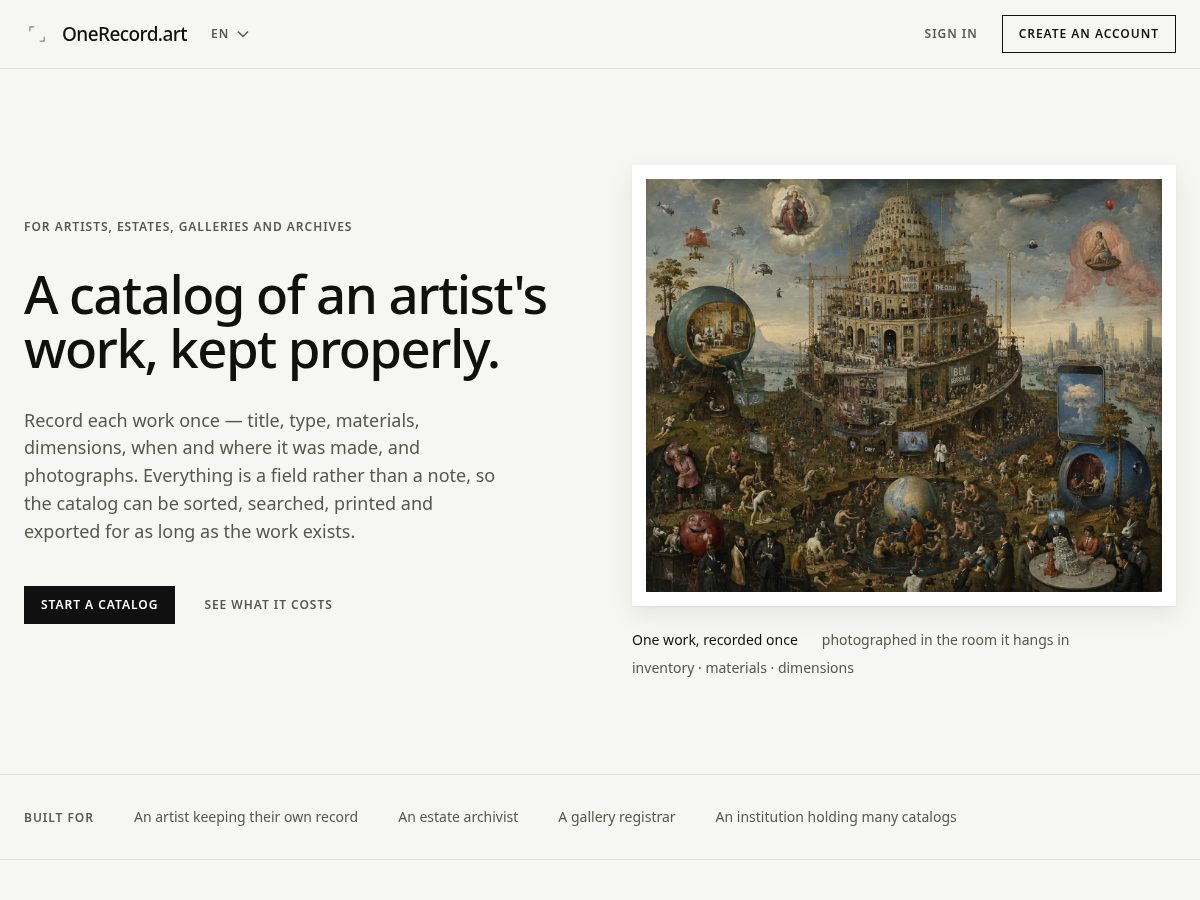 Landing-page snapshot of onerecord.art