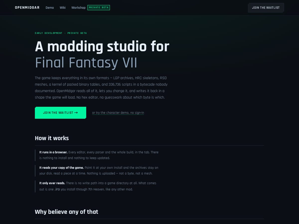 Landing-page snapshot of openmidgar.com