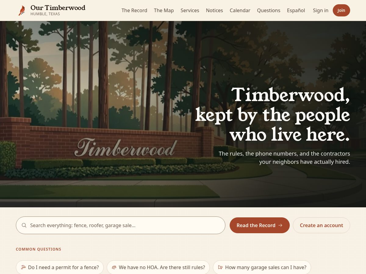 Landing-page snapshot of ourtimberwood.com