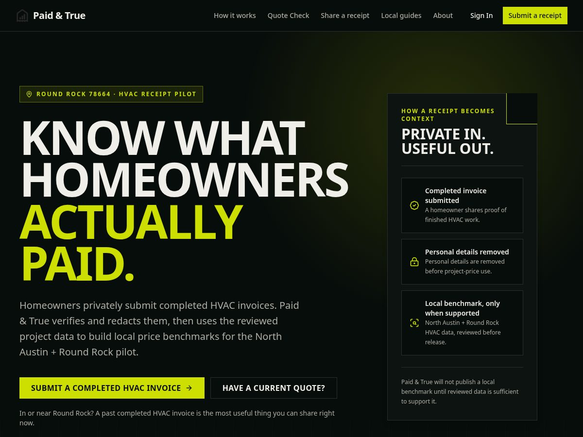 Landing-page snapshot of paidandtrue.com