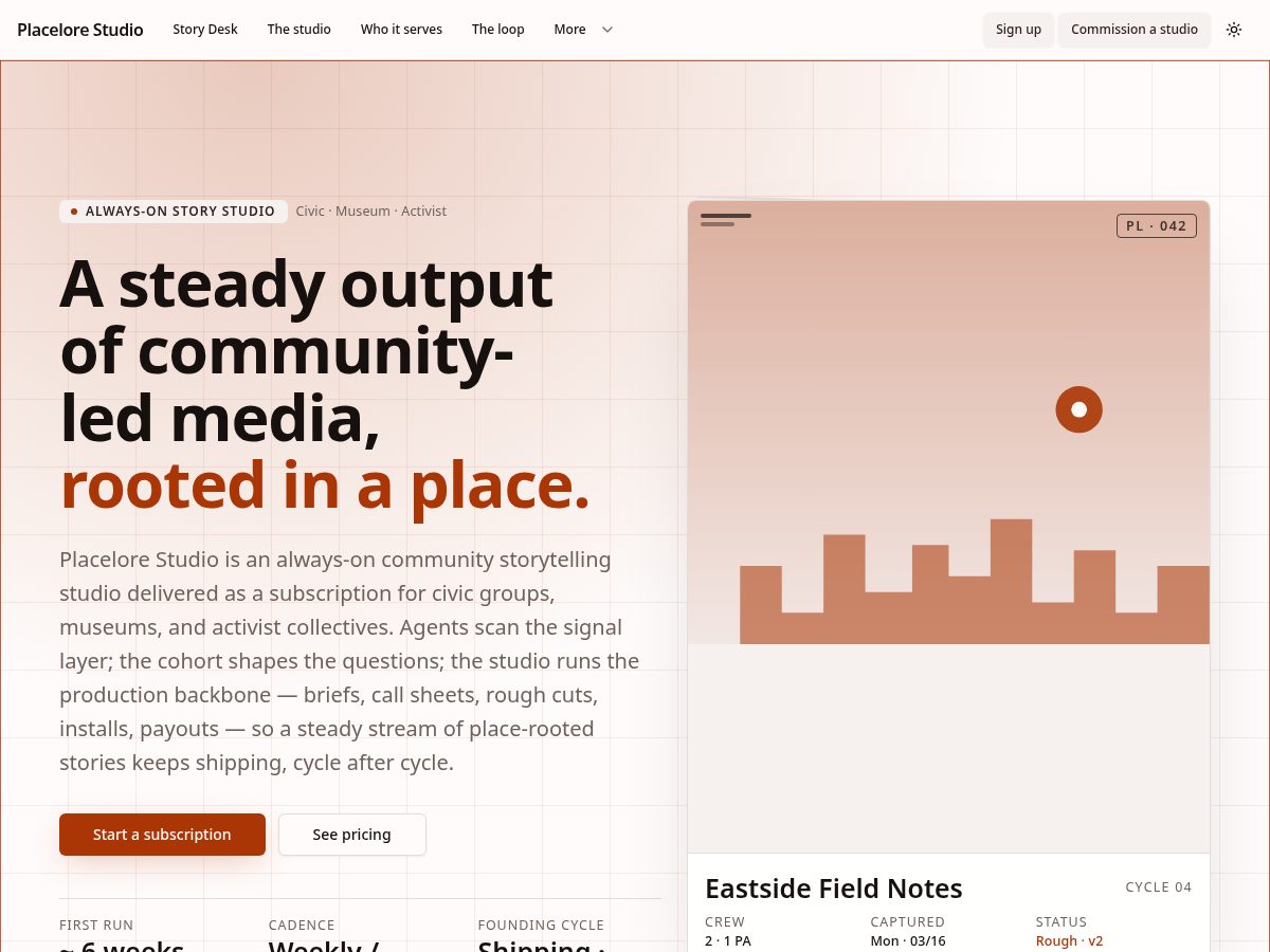 Landing-page snapshot of placelorestudio.com