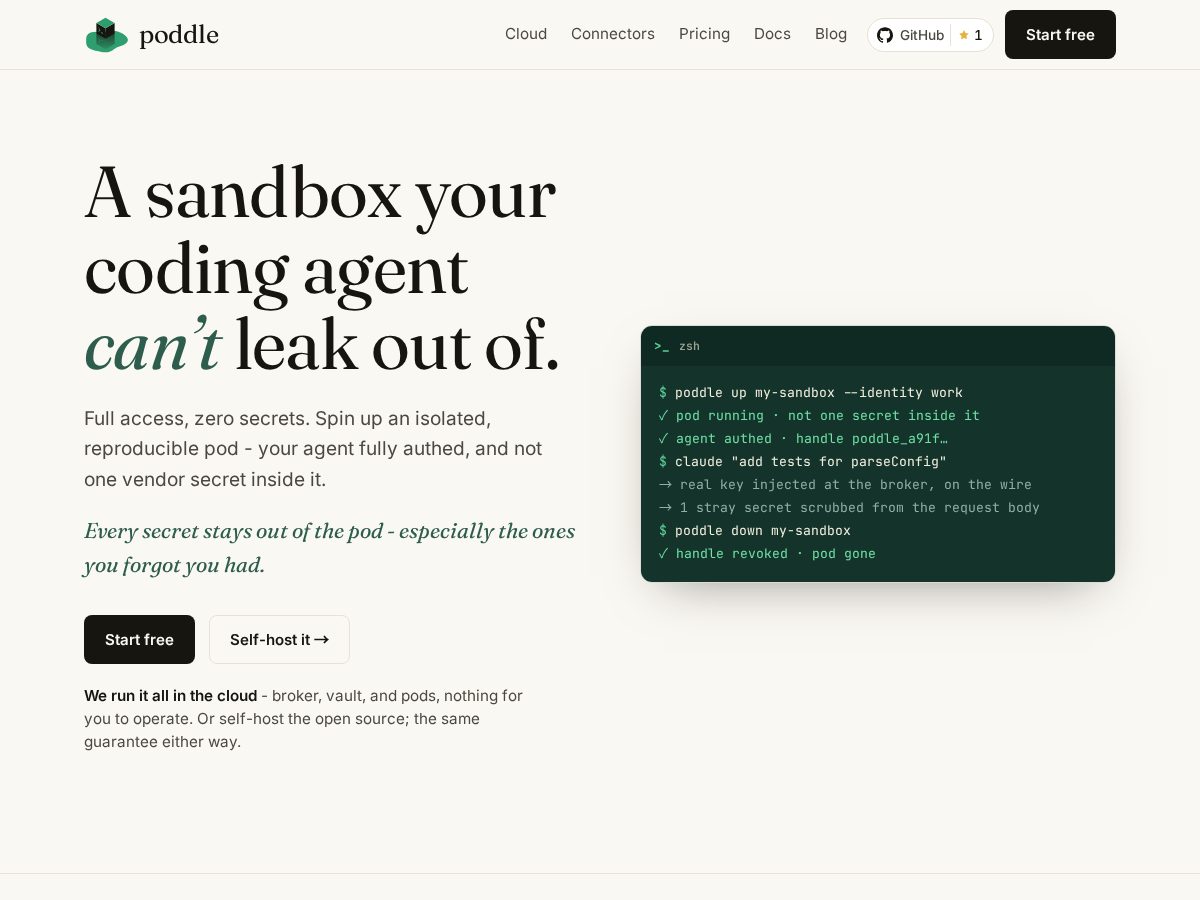 Landing-page snapshot of poddle.dev