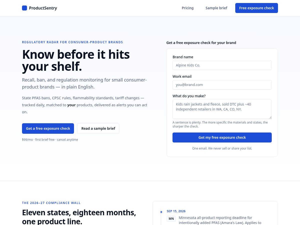 Landing-page snapshot of productsentry.com
