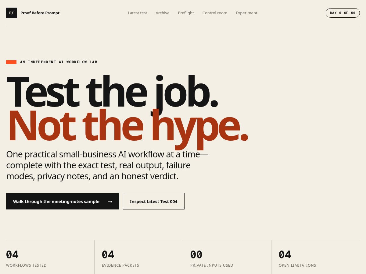Landing-page snapshot of proofbeforeprompt.com