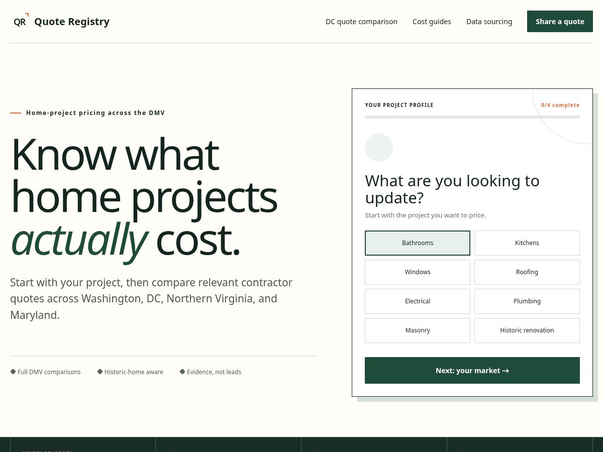 Landing-page snapshot of quoteregistry.com