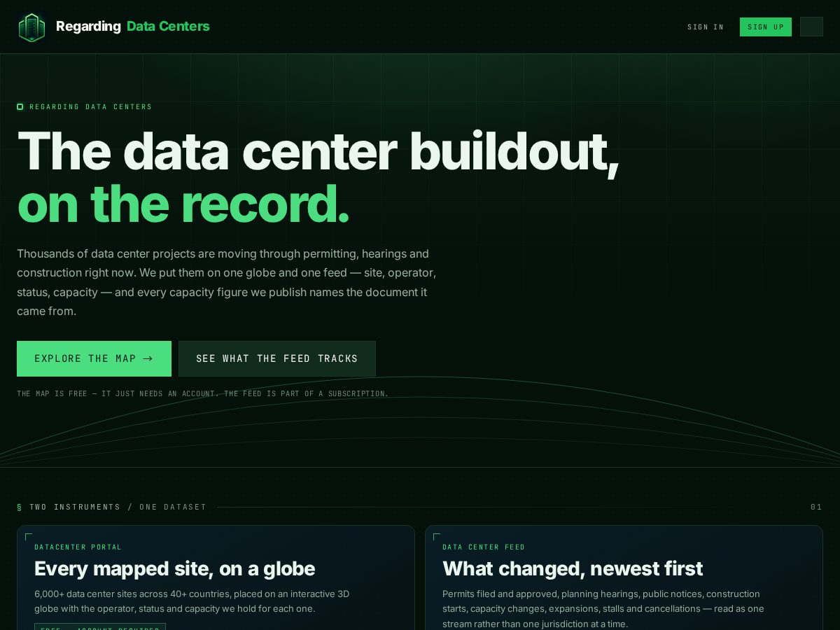 Landing-page snapshot of regardingdatacenters.com