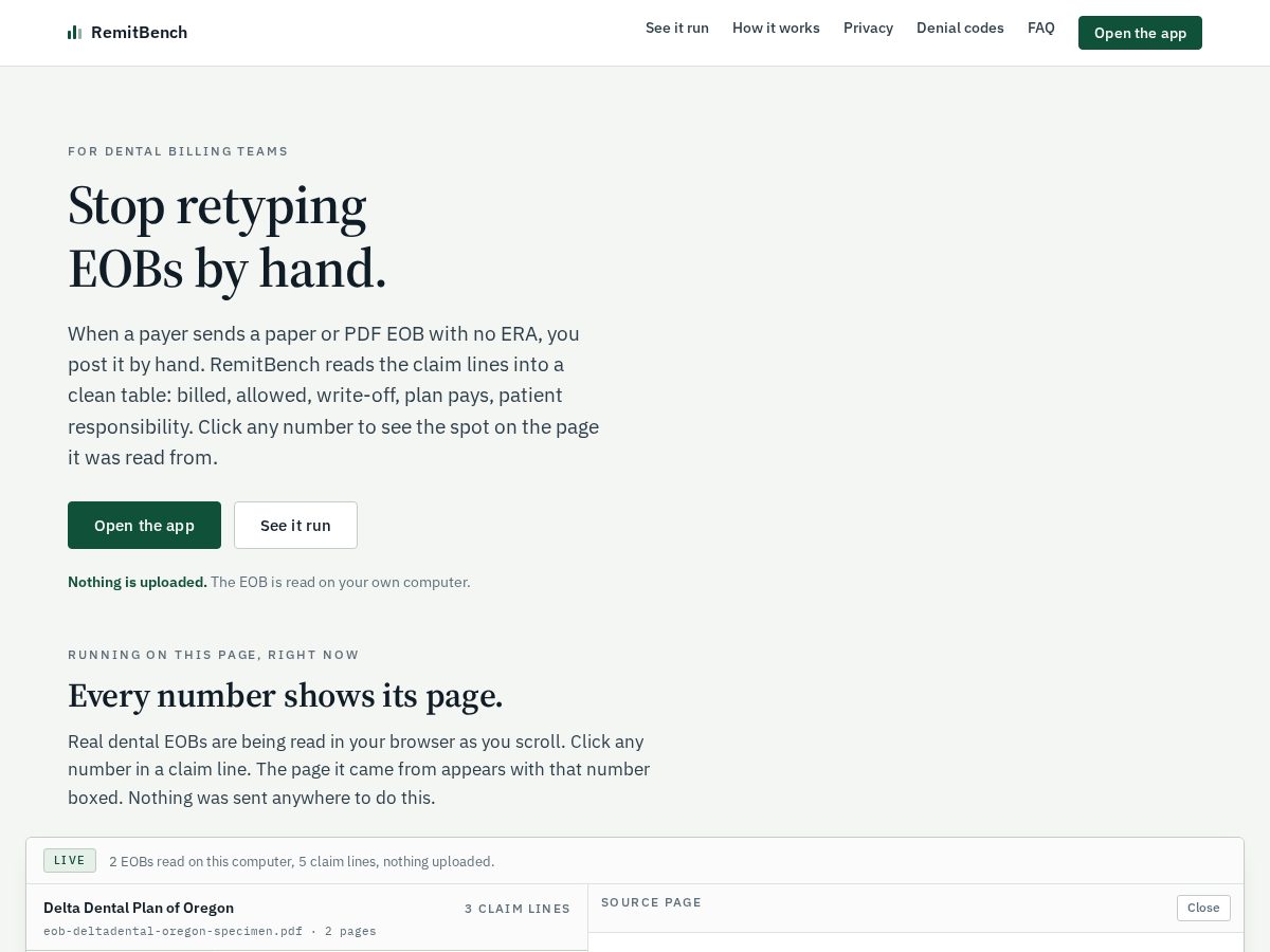 Landing-page snapshot of remitbench.com
