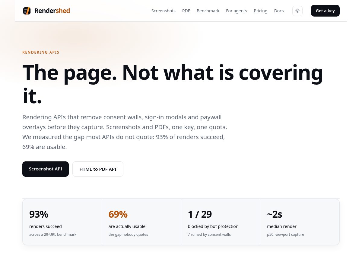 Landing-page snapshot of rendershed.com