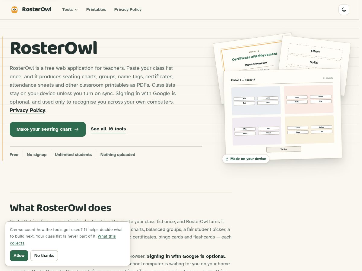 Landing-page snapshot of rosterowl.com