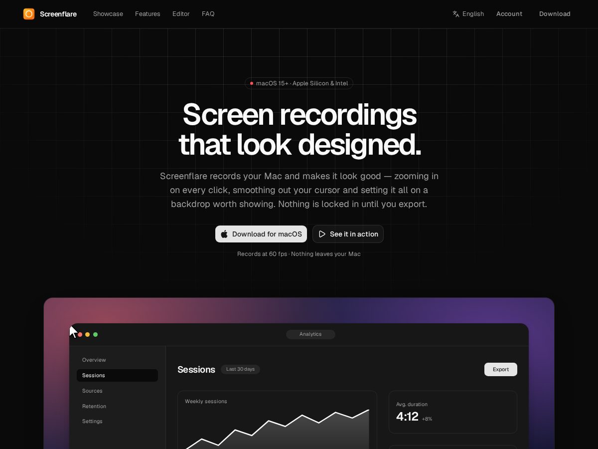 Landing-page snapshot of screenflare.app