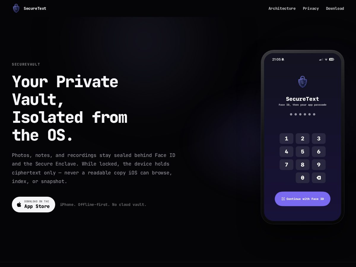Landing-page snapshot of securetext.app