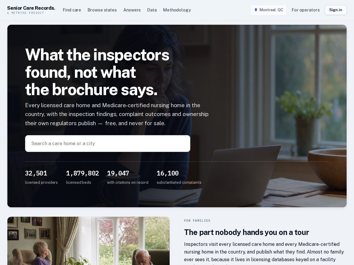 Landing-page snapshot of seniorcarerecords.org