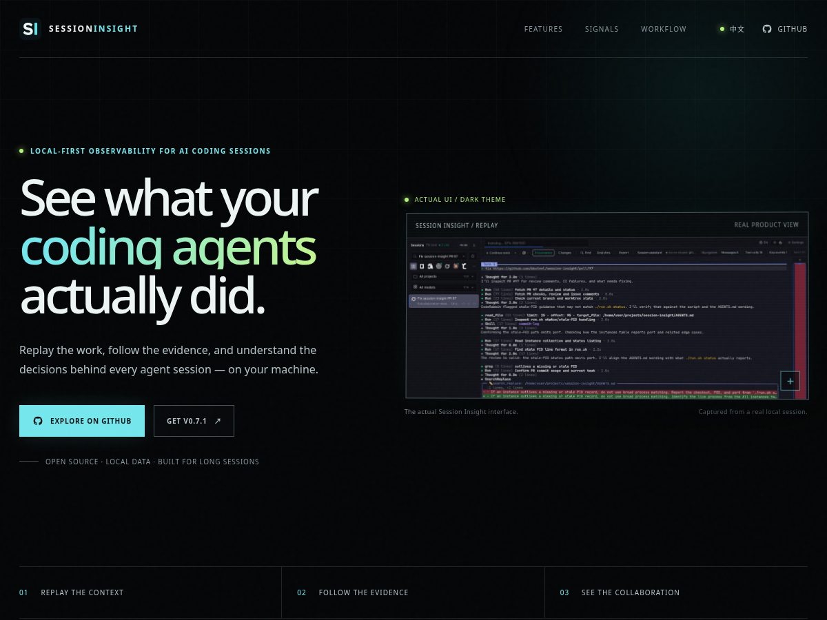 Landing-page snapshot of session-insight.dev