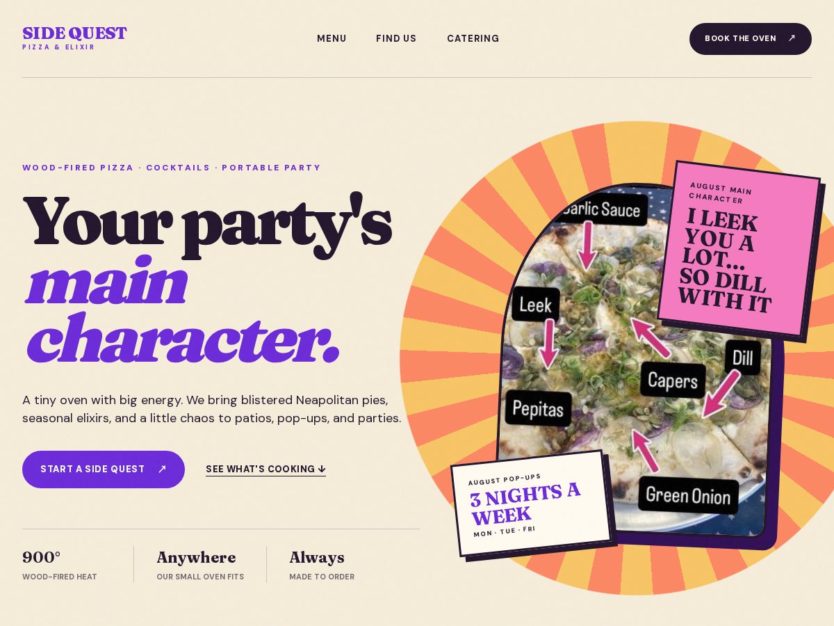 Landing-page snapshot of sidequestpizzaelixir.com