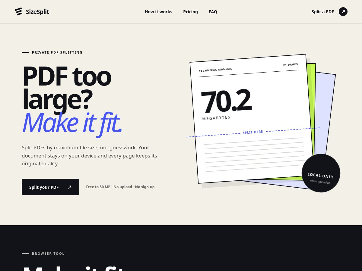 Landing-page snapshot of sizesplitpdf.com