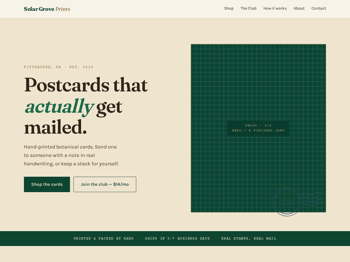 Landing-page snapshot of solargroveprints.com