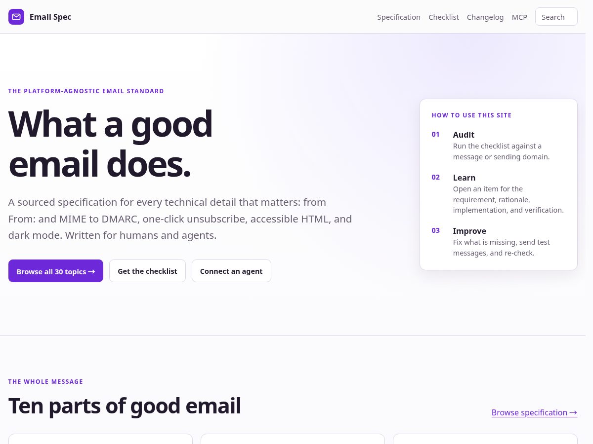 Landing-page snapshot of specification.email