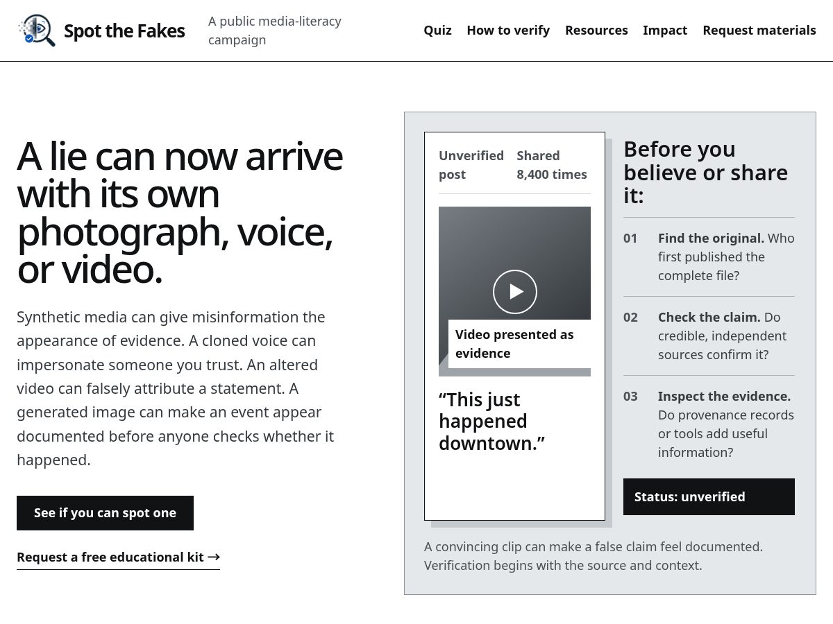 Landing-page snapshot of spotthefakes.org