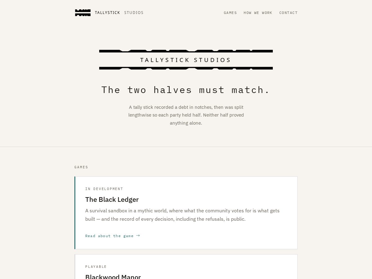 Landing-page snapshot of tallystickstudios.com
