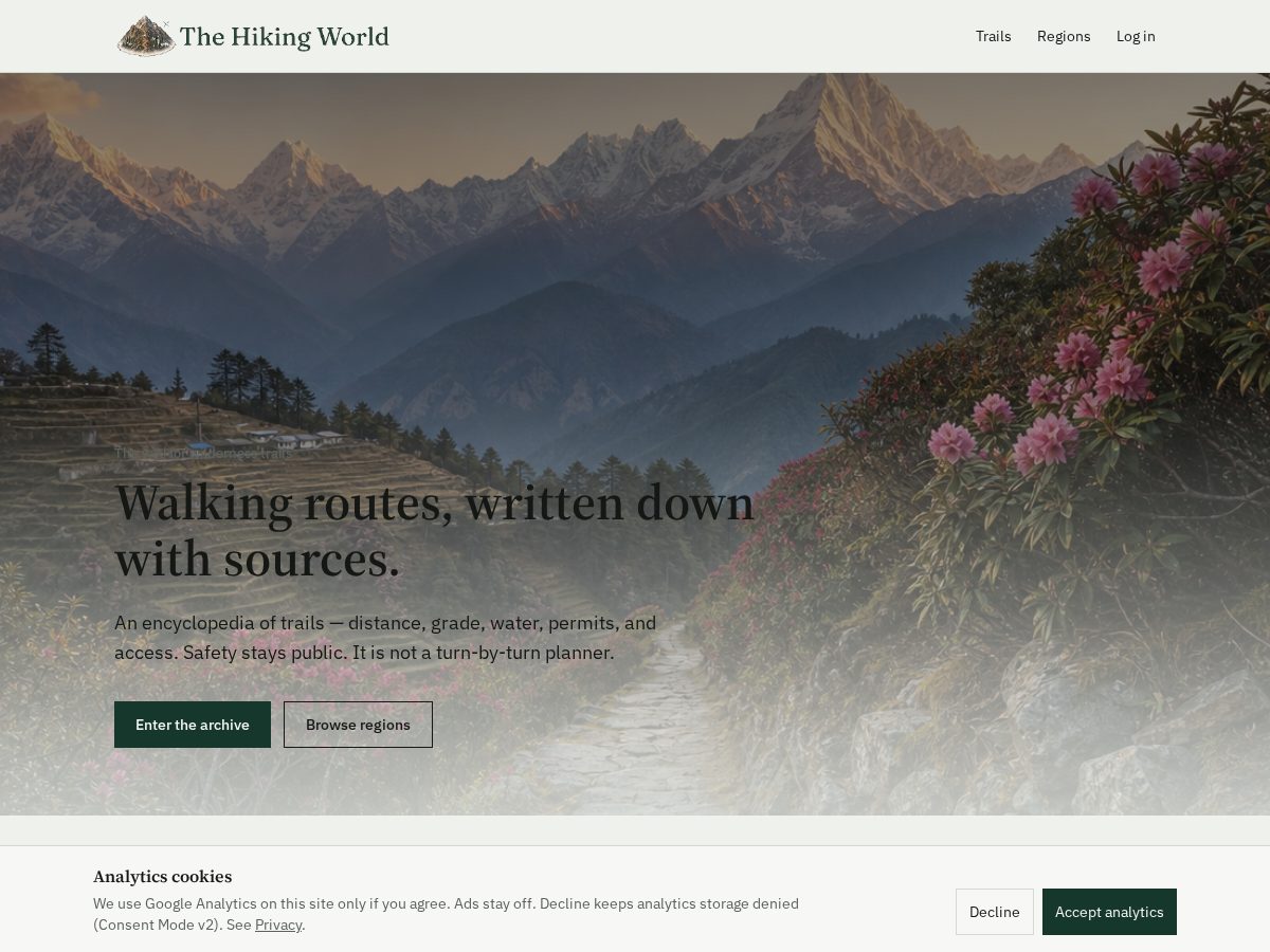 Landing-page snapshot of thehikingworld.com