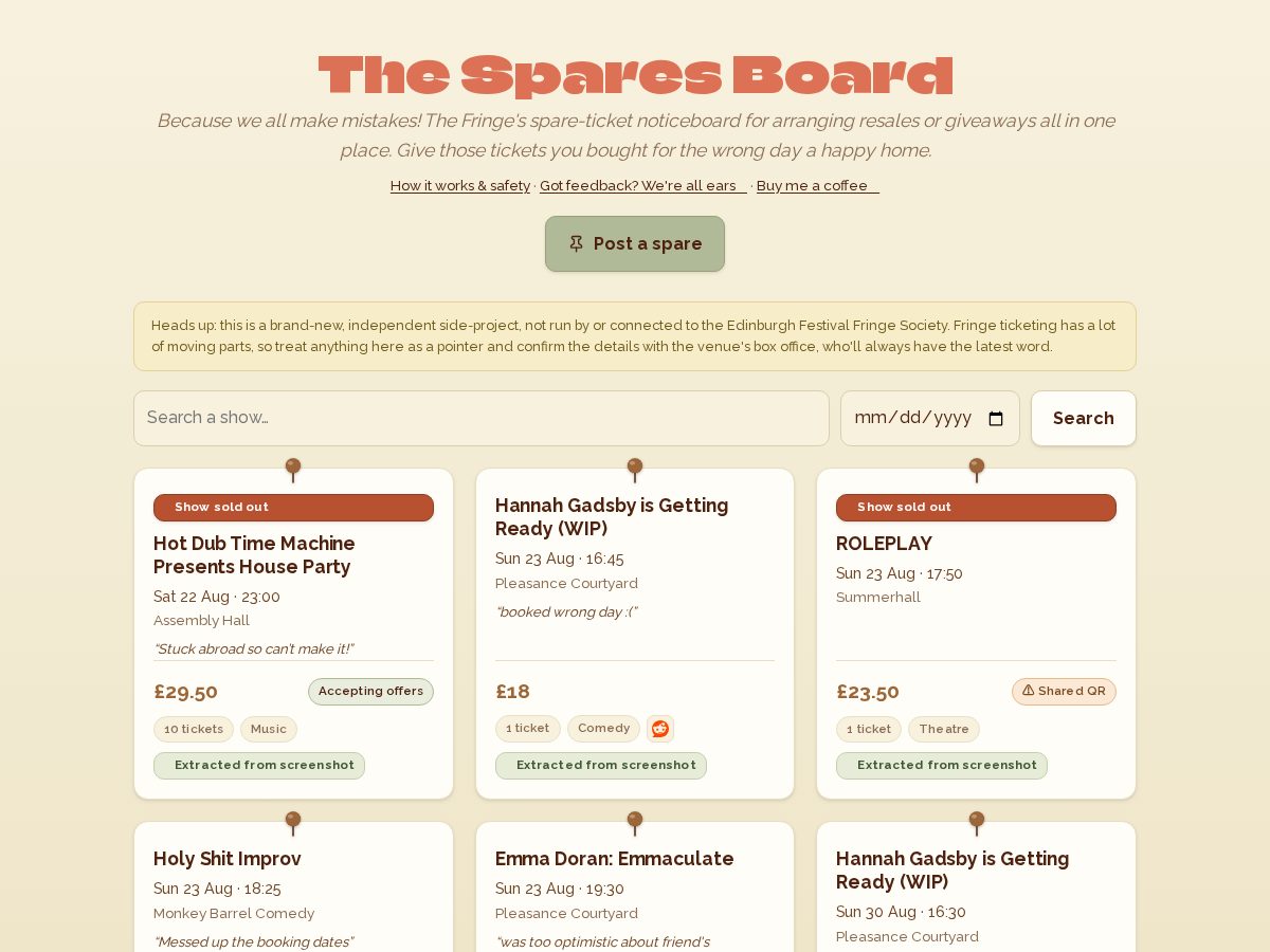 Landing-page snapshot of thesparesboard.com