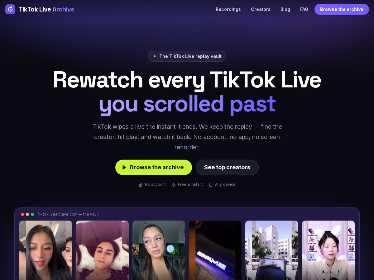 Landing-page snapshot of tiktoklivearchive.com