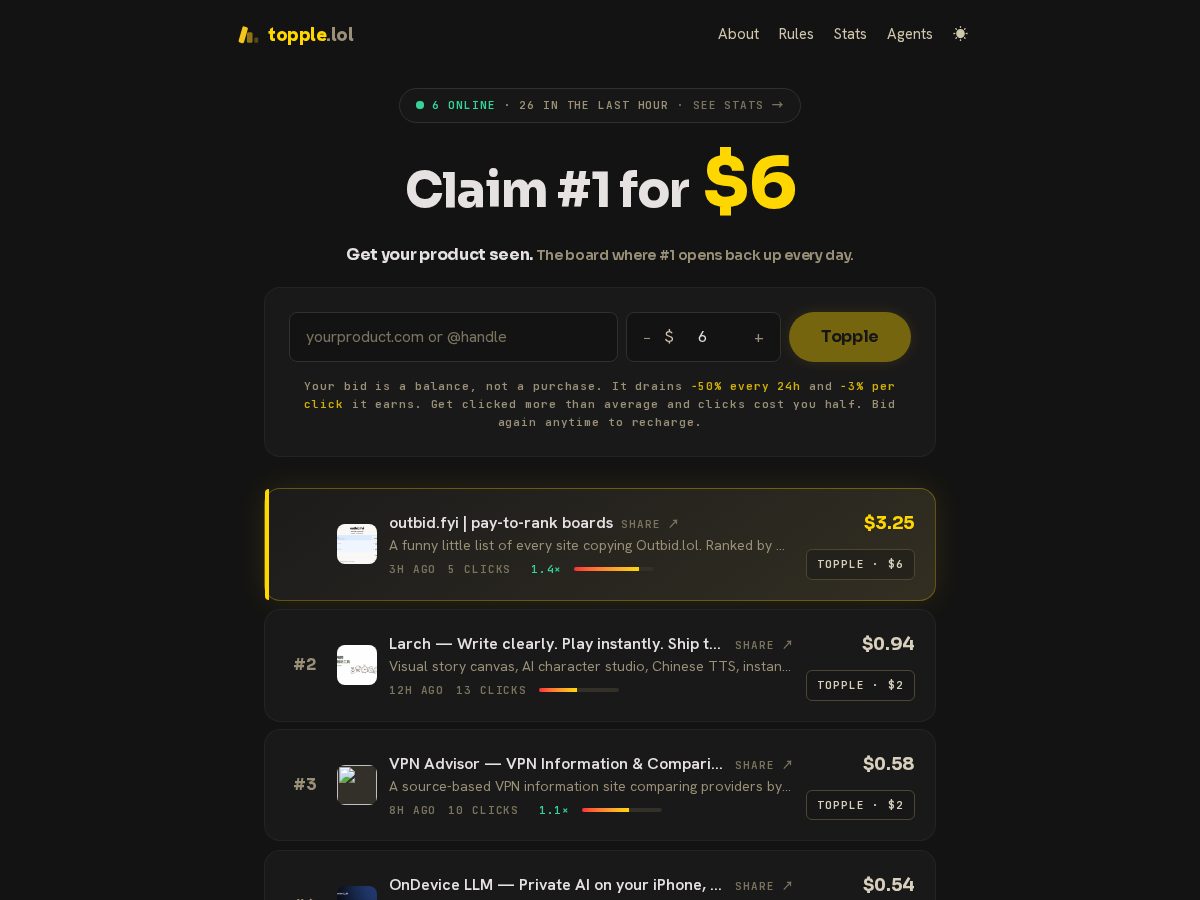 Landing-page snapshot of topple.lol
