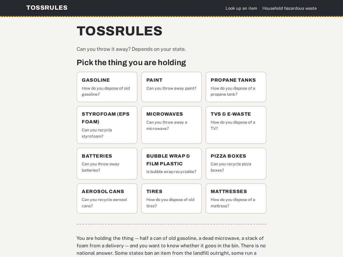 Landing-page snapshot of tossrules.com