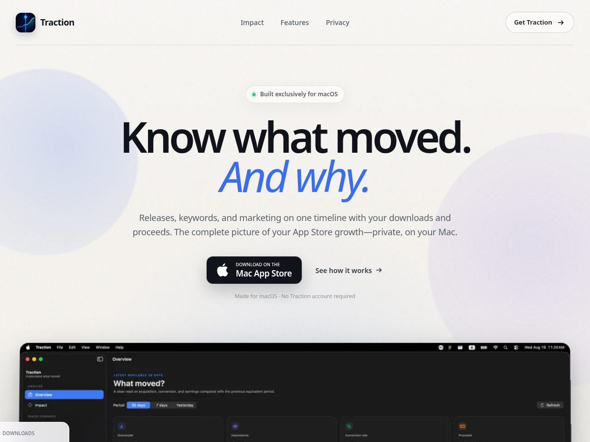 Landing-page snapshot of tractionapp.dev