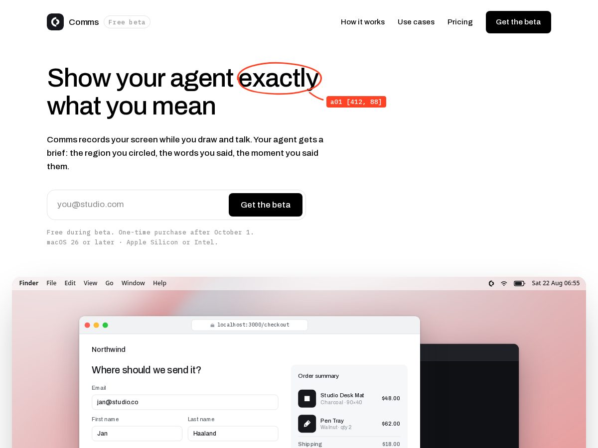 Landing-page snapshot of trycomms.app