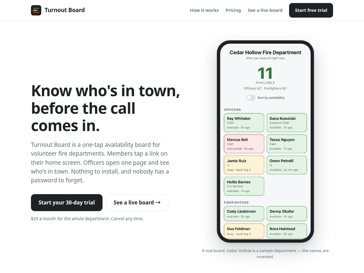 Landing-page snapshot of turnoutboard.com
