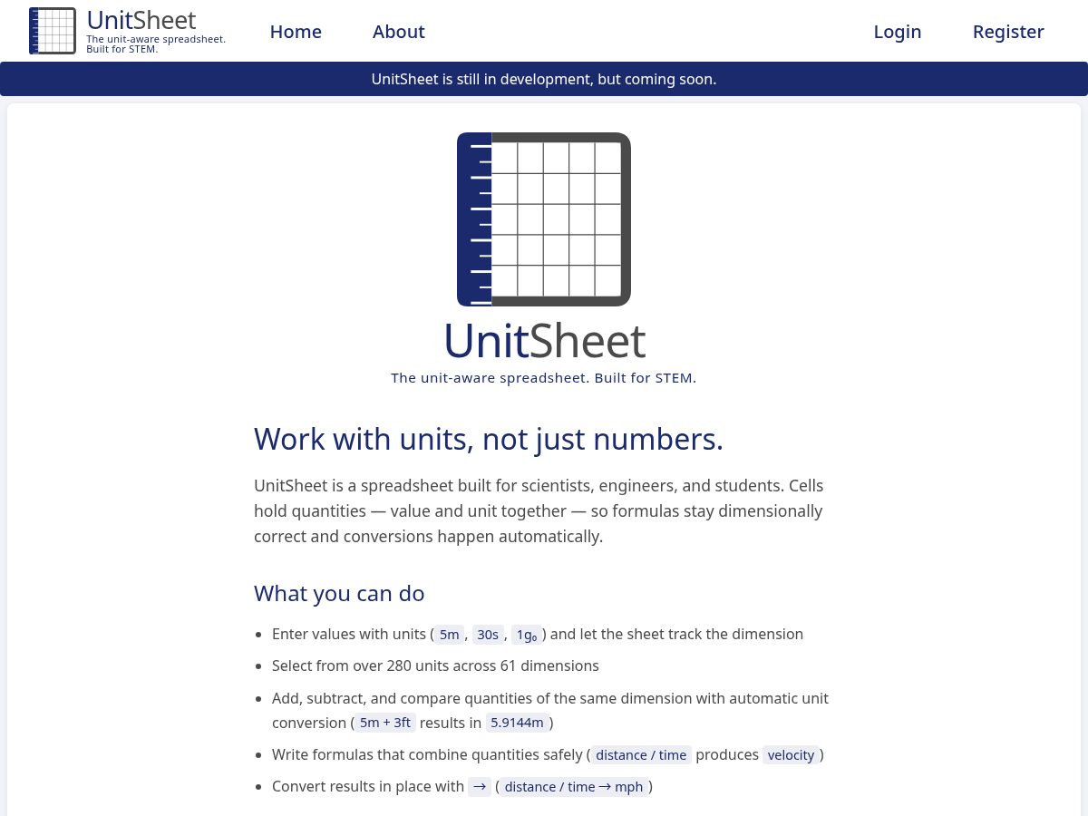 Landing-page snapshot of unitsheet.com