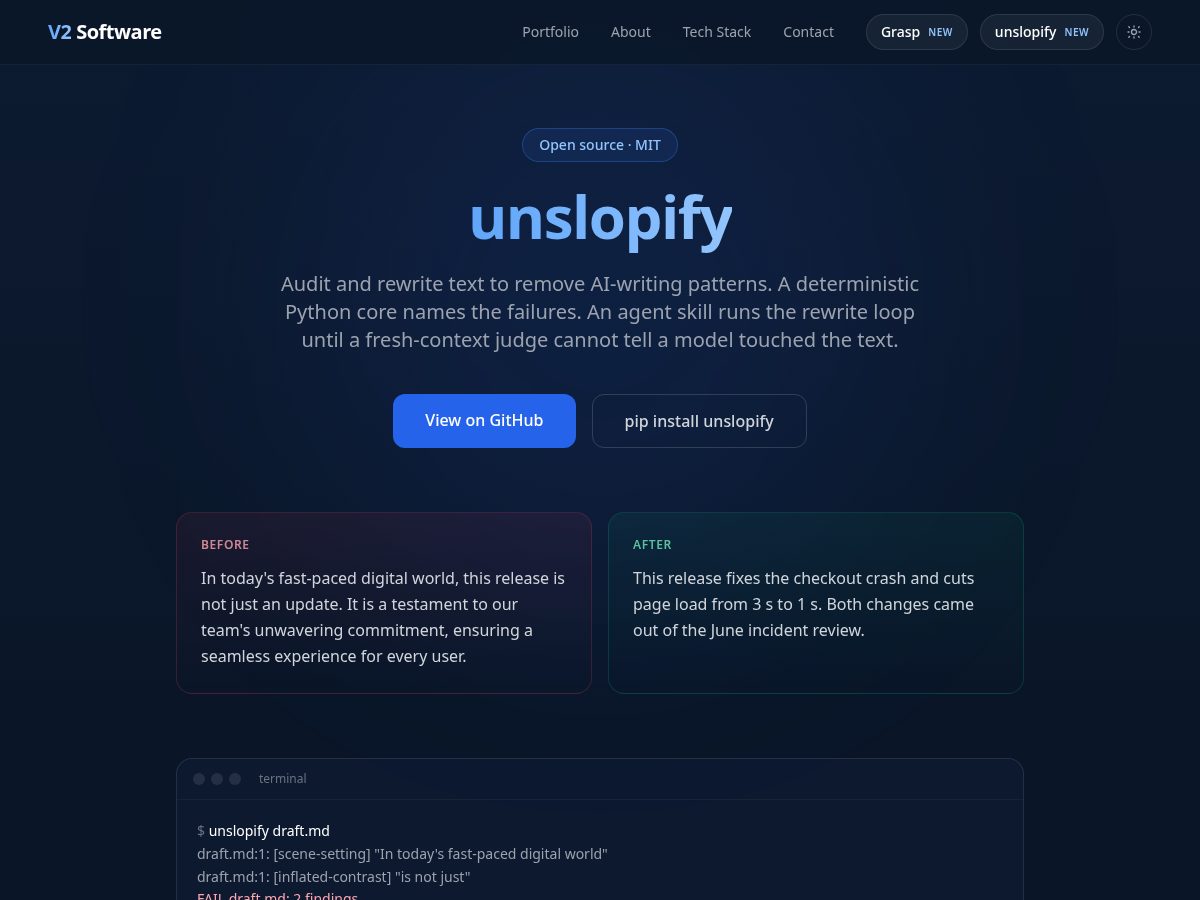 Landing-page snapshot of unslopify.dev