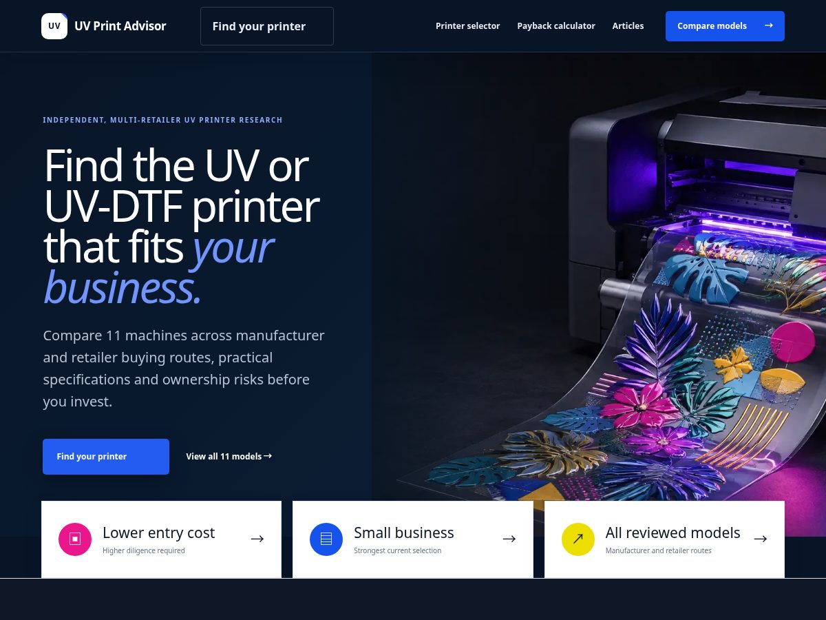 Landing-page snapshot of uvprintadvisor.com