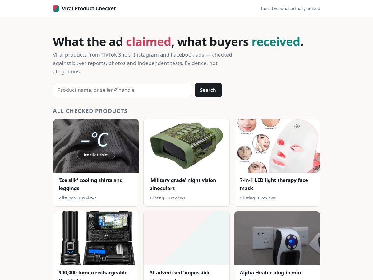 Landing-page snapshot of viralproductchecker.app