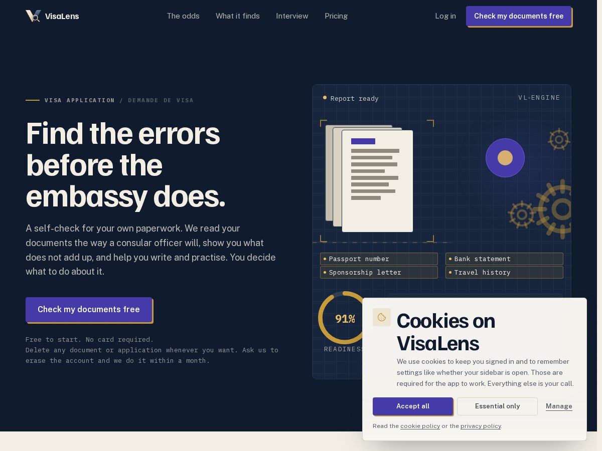 Landing-page snapshot of visalens.app