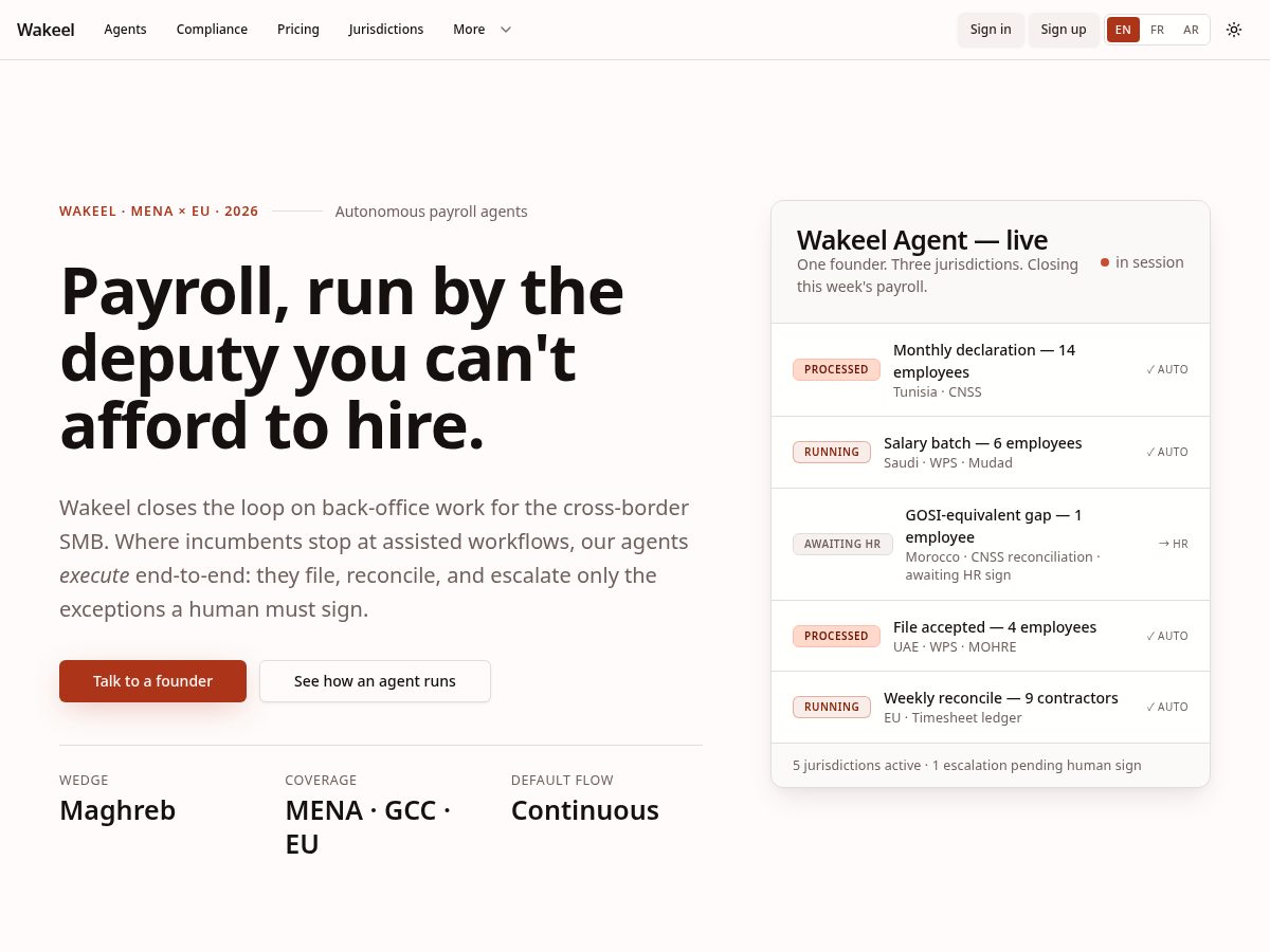 Landing-page snapshot of wakeelpayroll.com