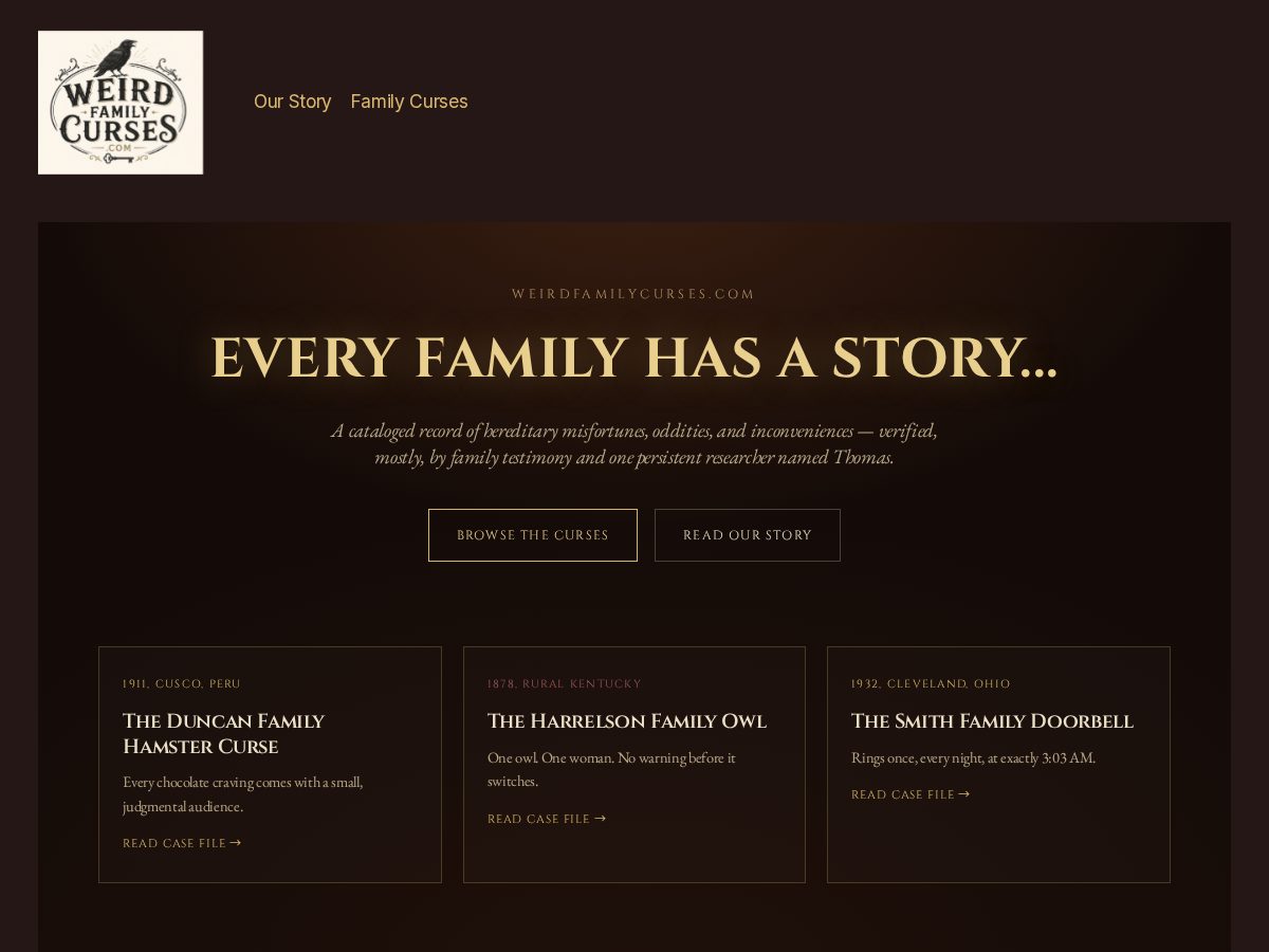 Landing-page snapshot of weirdfamilycurses.com