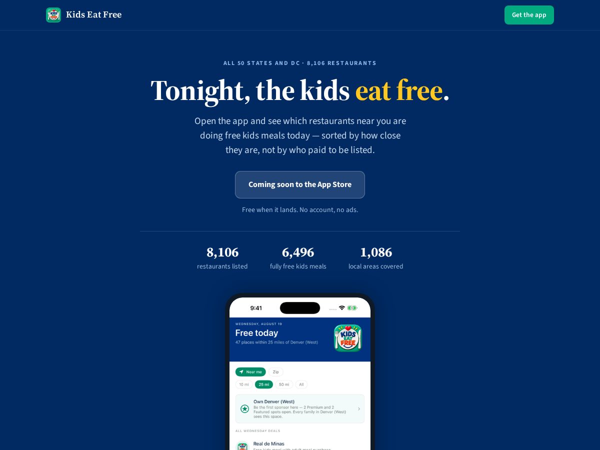 Landing-page snapshot of wherekidseatfreeapp.com