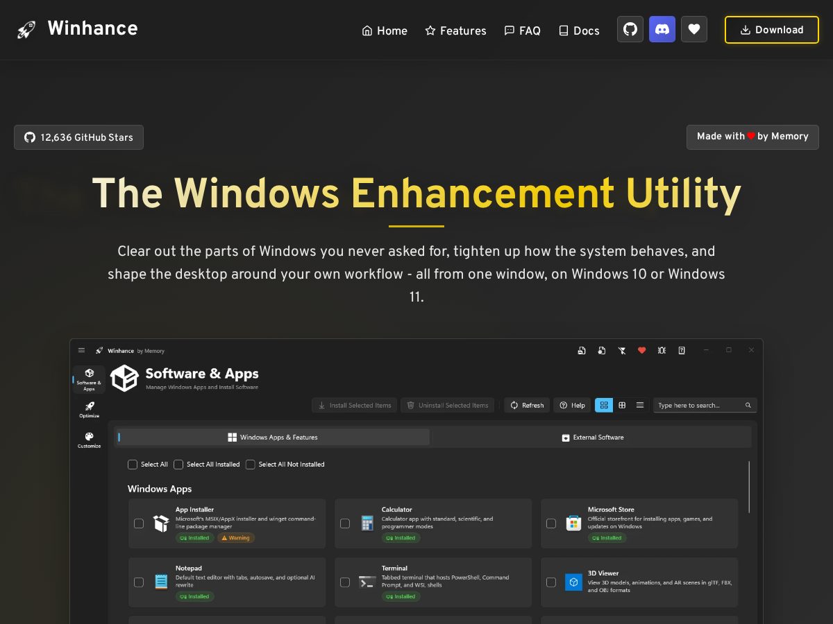 Landing-page snapshot of winhance.org
