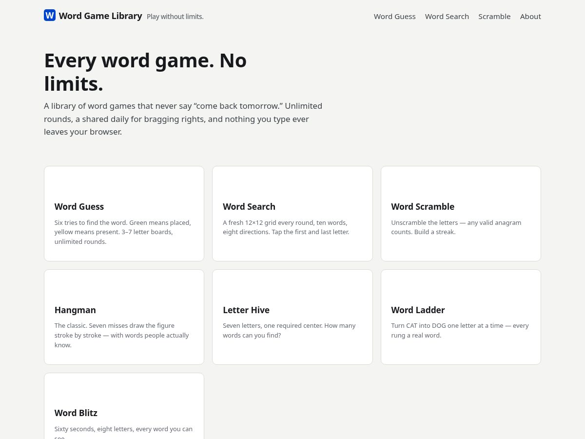 Landing-page snapshot of wordgamelibrary.com