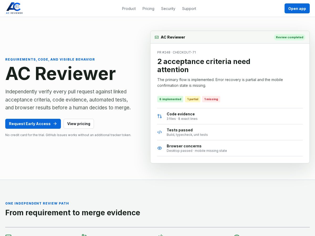Landing-page snapshot of acreviewer.com