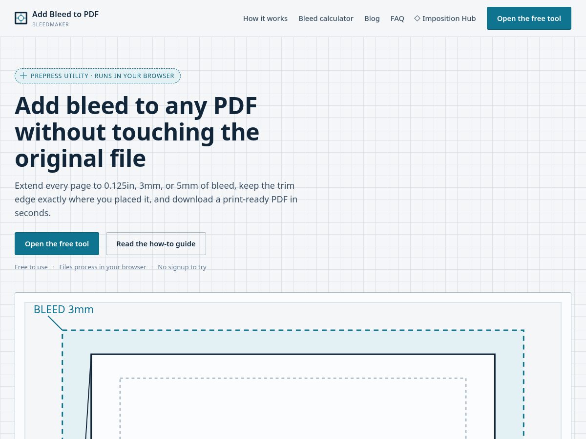 Landing-page snapshot of addbleedtopdf.com