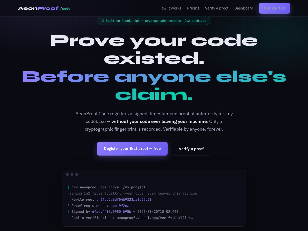 Landing-page snapshot of aeonproof.dev
