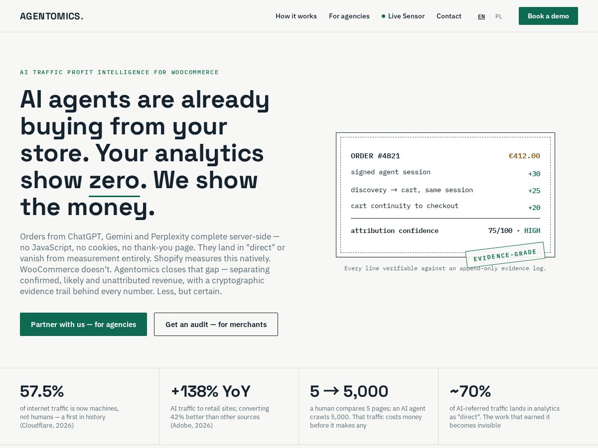 Landing-page snapshot of agentomics.dev