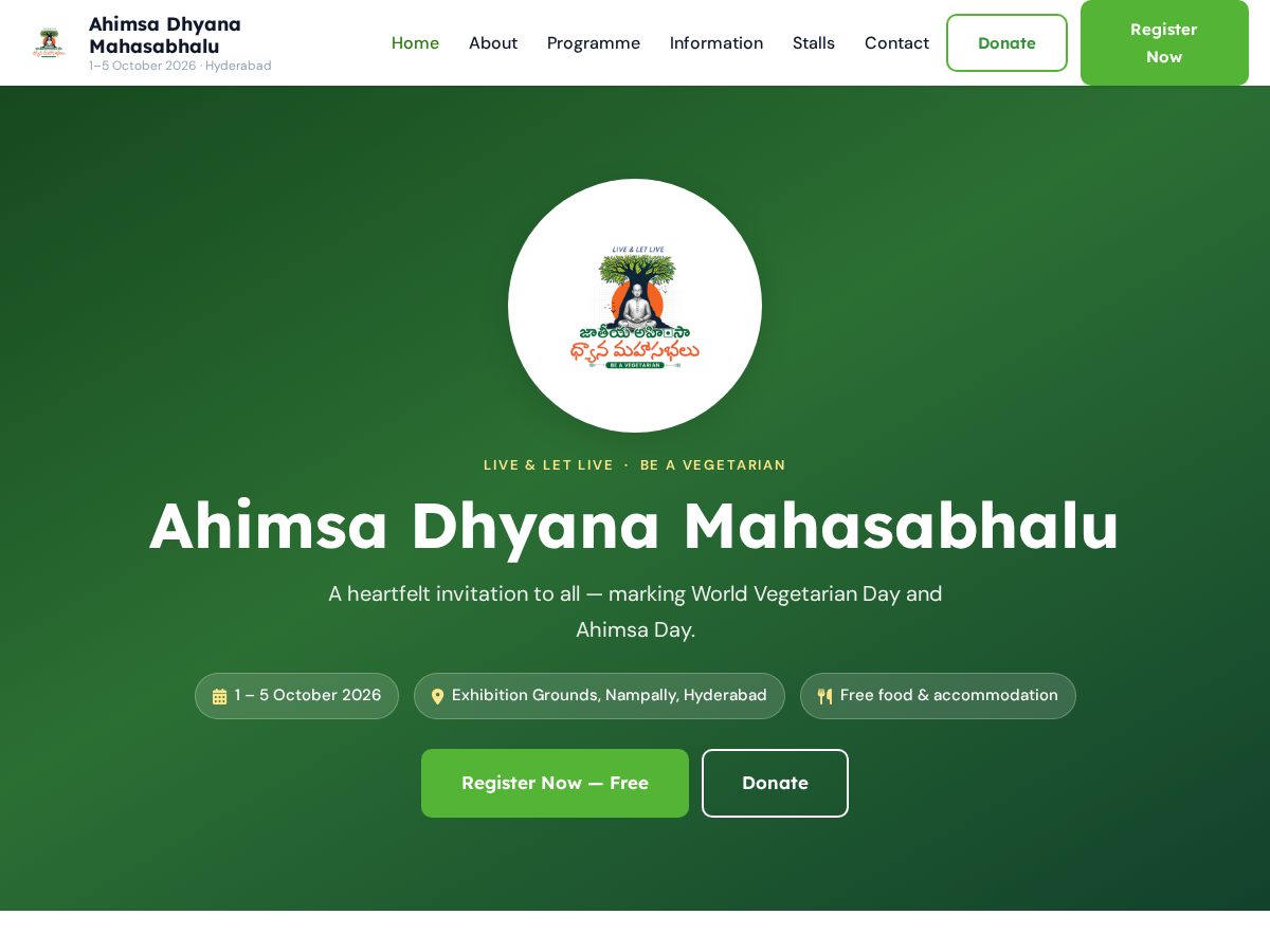 Landing-page snapshot of ahimsadhyanamahasabhalu.org