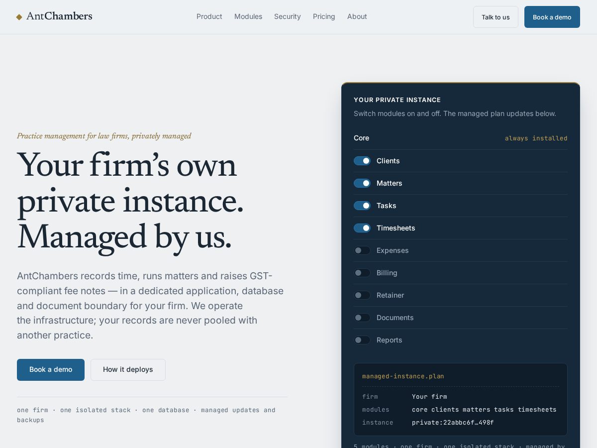 Landing-page snapshot of antchambers.com