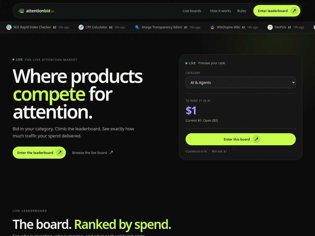 Landing-page snapshot of attentionbid.lol