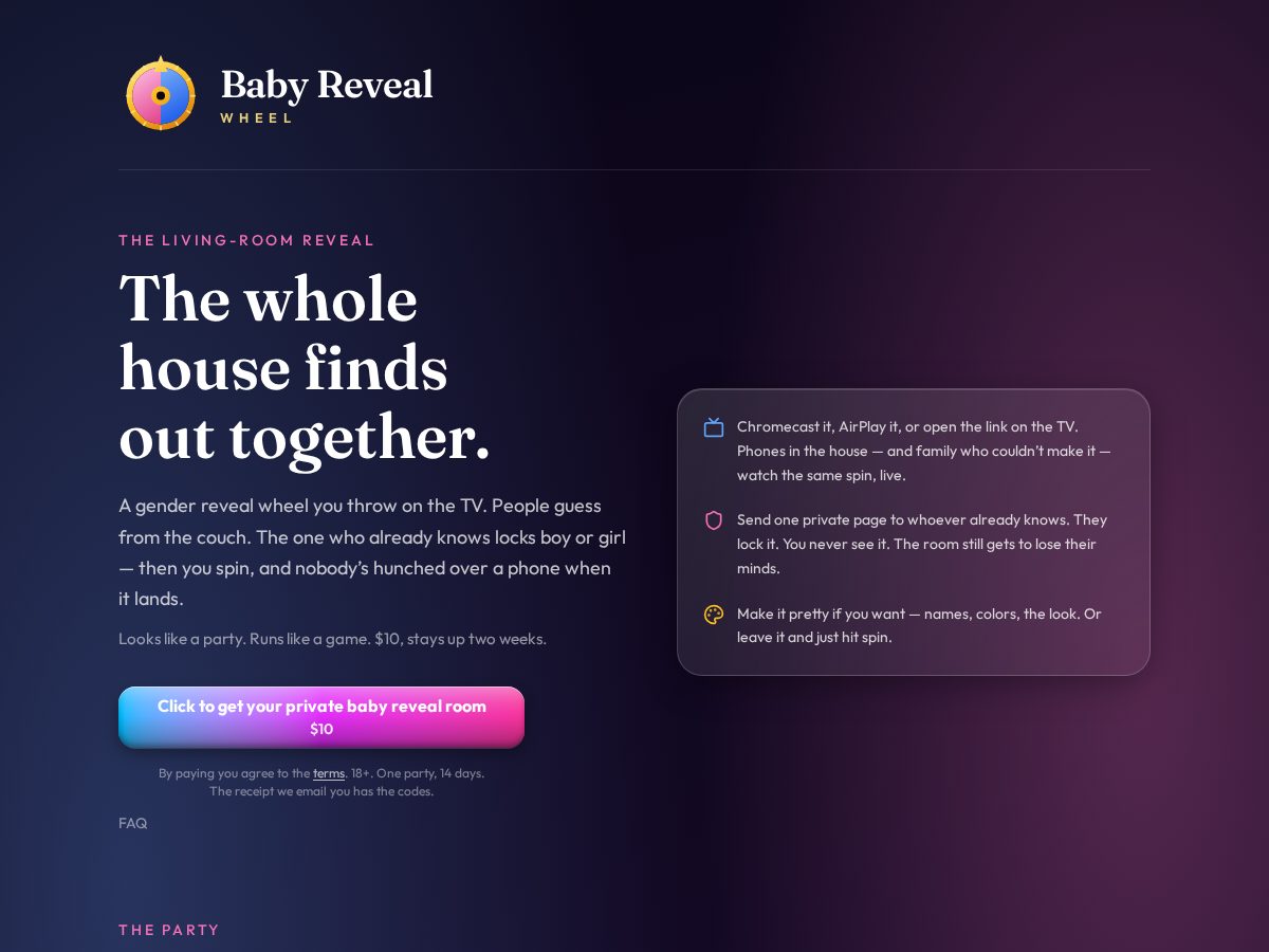Landing-page snapshot of babyrevealwheel.com